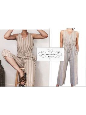 Anthropologie Neutral Stripe Preppy Chic Soft Linen Jumpsuit by DREW size Lg
